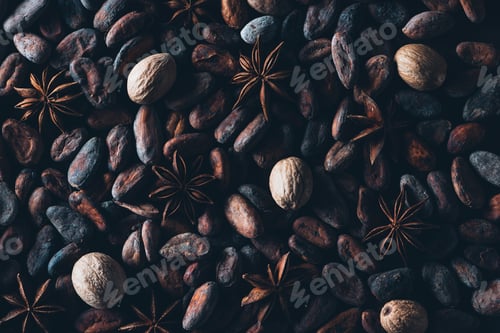 Preview: full frame view of delicious cocoa beans and star anise background