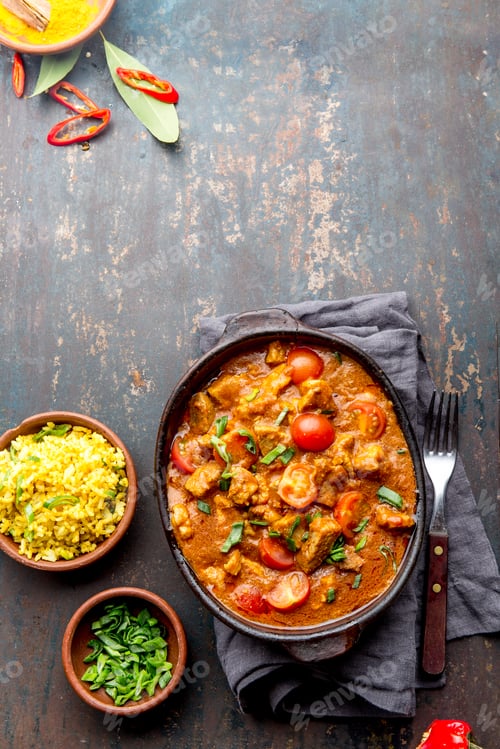 Preview: INDIAN FOOD. ROGAN JOSH curry sauce. Pork rogan josh with rice.