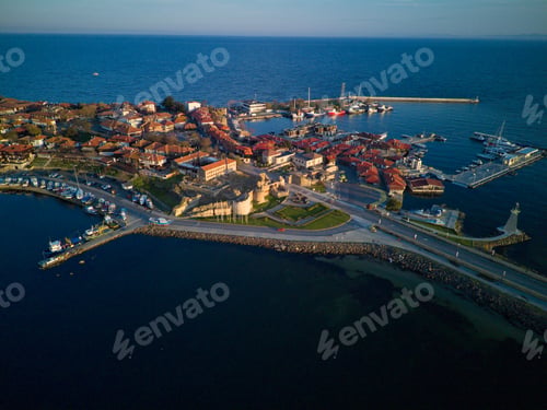 Preview: iew from a height of the city of Nessebar with houses and parks washed by the Black Sea in Bulgaria