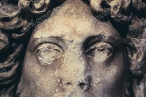 Preview: closeup of woman antique statue face on dark background