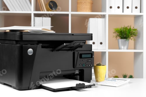 Preview: Printer, copier, scanner in office. Workplace