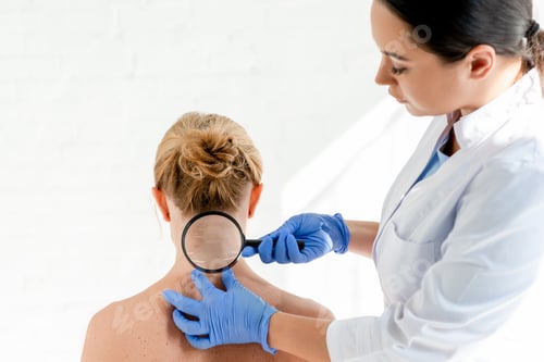 Preview: dermatologist examining skin of patient with magnifying glass in clinic