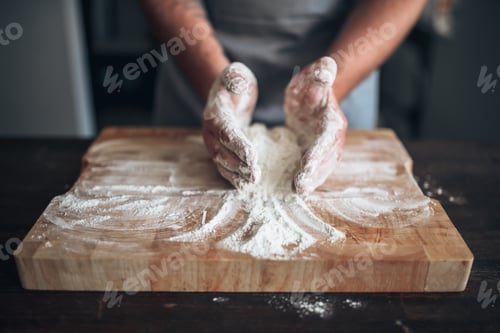 Preview: Male baker hands kneading dough on cutting board
