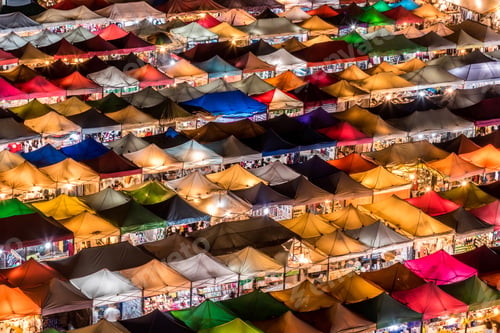 Preview: View of the colorful tents at the new Rot Fai Night Market in Ratchada area of Bangkok