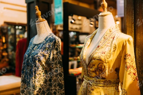 Preview: Mannequins dressed in beautiful female woman traditional oriental clothes In store of shopping