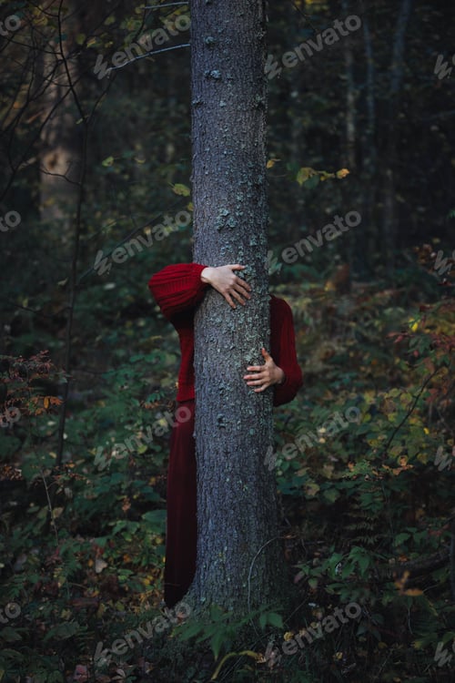 Preview: Person hides behind a tree in a forest wearing a long red outfit during fall
