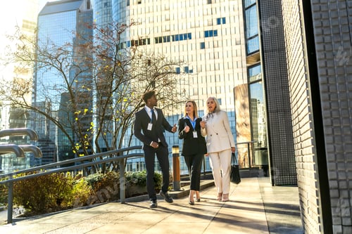 Preview: Diverse business professionals walking and discussing in city financial district