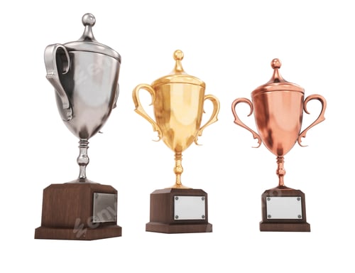 Preview: Golden, silver and bronze trophy cups on white background. 3D render.