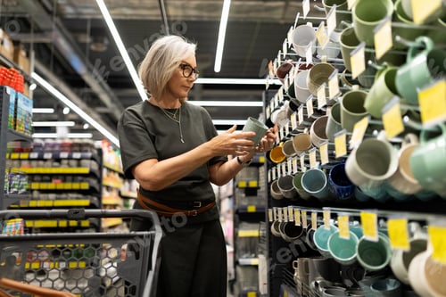Preview: Woman selecting a mug in a modern grocery store aisle during the day