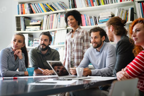 Preview: Happy coworker startup people working and having meeting with friendly diverse colleagues in office.