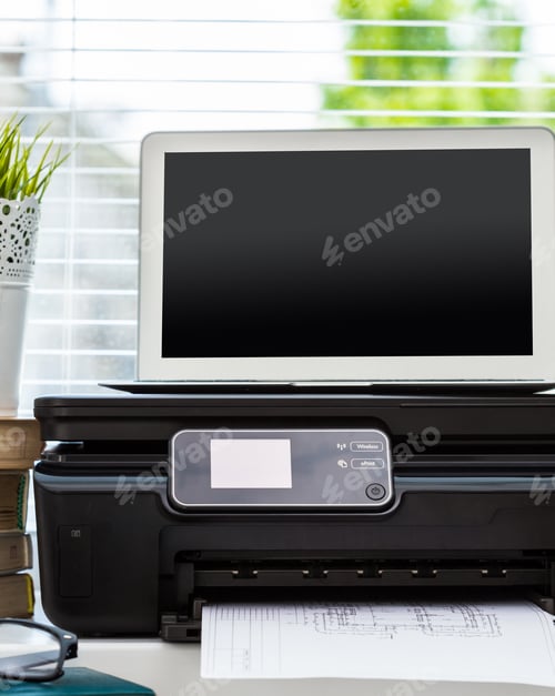 Preview: Printer and computer. Office table