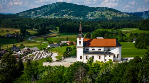 Preview: Zuzemberk Castle and medieval village on the river Krka in Slovenia. Aerial drone view