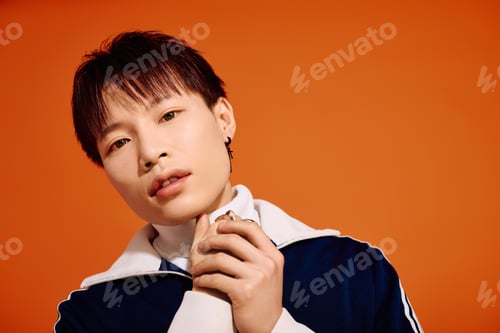 Preview: Stylish young asian man exuding confidence in vibrant orange backdrop during a casual look