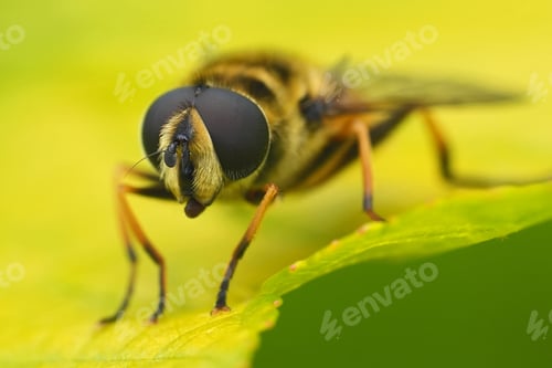 Preview: Extreme closeup on the head and eyes of European Batman hoverfly, Myathropa florea sitting on a leaf