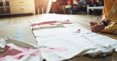Preview: Fashion designer, hands and measuring fabric with tape for tailoring kimono and manufacturing proce