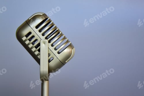 Preview: Vintage classic microphone on grey background. Copy space for text