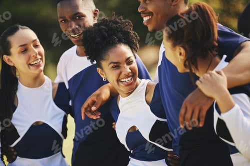 Preview: Team, hug or happy cheerleaders with support outdoor in training or sports event together on field.