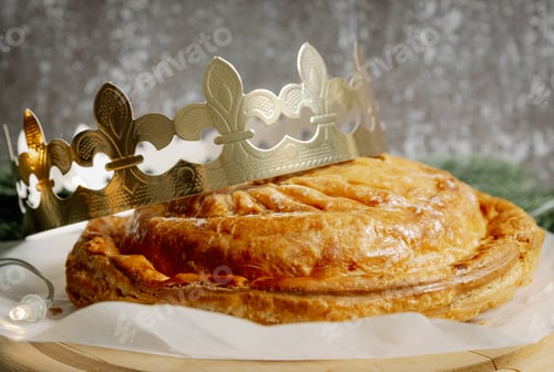 Preview: One whole fresh royal galette with a crown on a gray background.