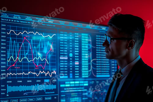 Preview: The man in suit looking on a blue screen with some data