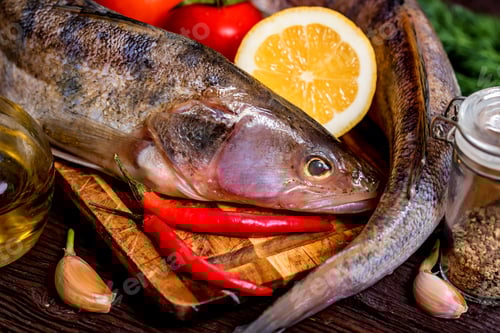 Preview: Fresh zander wilt lemon, pepper and spices close
