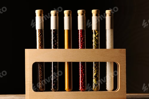 Preview: Spices in beakers on wooden table