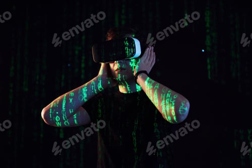 Preview: Double exposure of a caucasian man and Virtual reality headset is presumably a gamer or a hacker