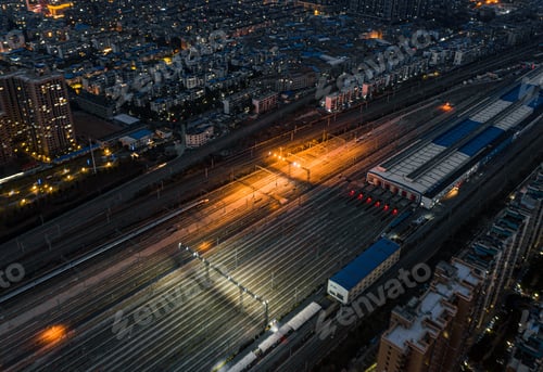 Preview: Aerial shot of the cityscape of Wuhan at nighttime, China.