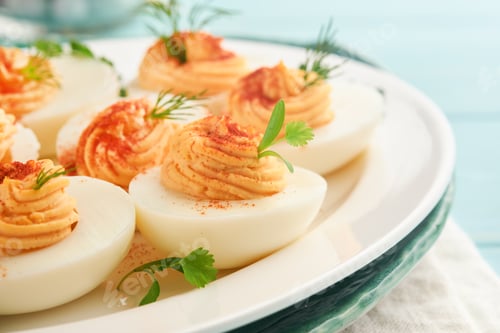 Preview: Stuffed or deviled eggs with paprika and parsley on blue plate for easter table. Traditional dish fo
