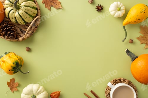 Preview: Thanksgiving theme captured from top view: abundant harvest, raw pattypans in a rustic wicker basket