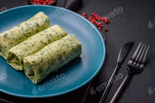 Preview: Delicious fresh pancakes with spinach, cream cheese, salmon, salt and spices