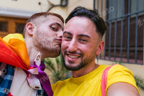 Preview: Joyful Gay Friends Capture Love, Friendship, and Pride in a Colorful Selfie at Their Doorstep