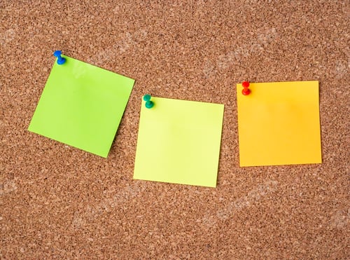 Preview: Collection of various note papers on corkboard