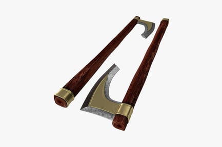 Preview: Paired weathered axes with curved blades and leather-wrapped handles