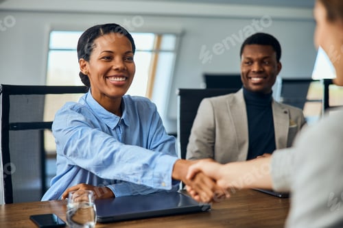 Preview: Smiling African businesswoman doing a handshake with a female client.