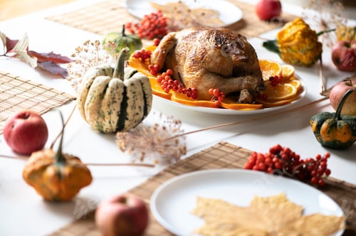 Preview: Traditional festive dinner with delicious roasted turkey served on table,colorful flat lay