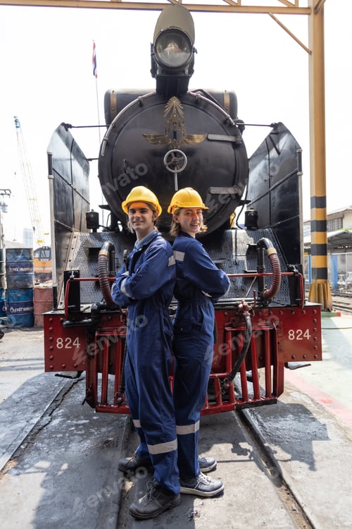 Preview: Portrait of Engineer train Inspect the train's diesel engine, railway track in depot of train