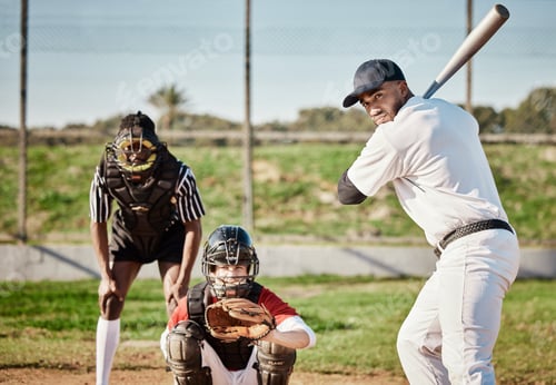 Preview: Baseball, bat and catch with a sports man outdoor, playing a competitive game during summer. Fitnes