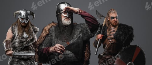 Preview: Elderly viking with his arm at his forehead and two barbarians