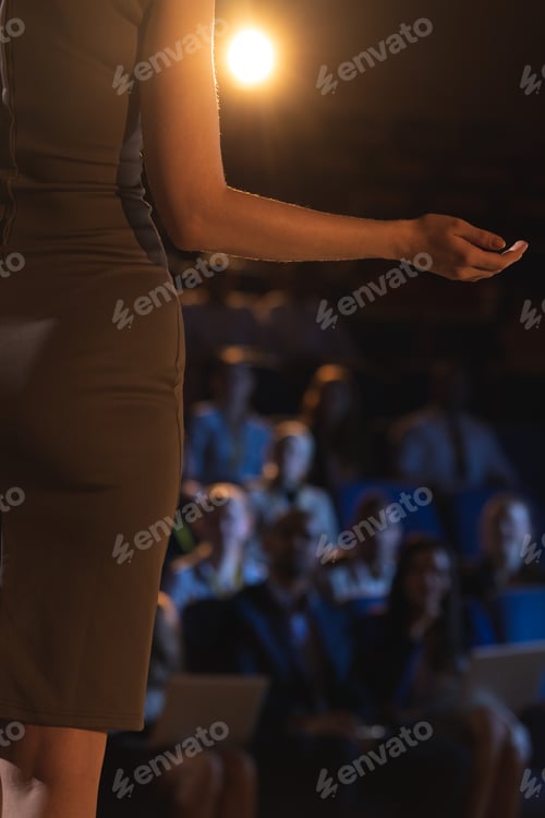 Preview: Rear view of businesswoman giving presentation in front of audience in auditorium