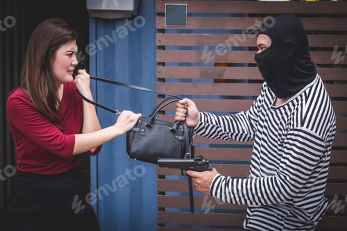 Preview: Thief threatening with gun, young woman fight over with robber who stealing bag.