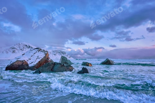 Preview: Norwegian Sea waves on rocky coast of Lofoten islands, Norway
