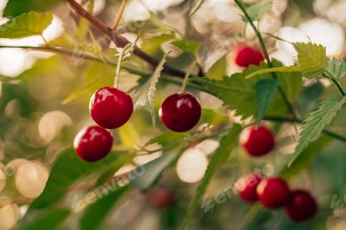 Preview: Ripe red cherries hanging on branch with green leaves in garden