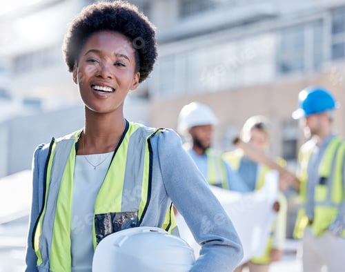 Preview: Construction worker portrait of black woman in architecture for career mindset, leadership and deve