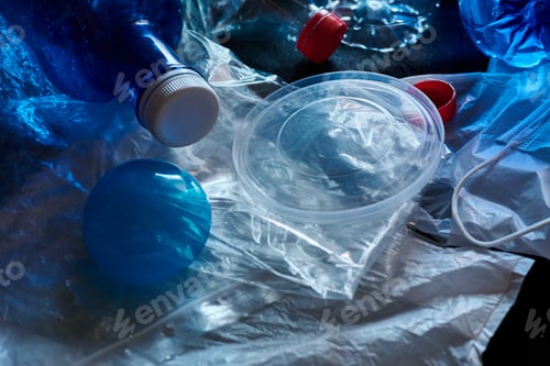 Preview: Piled plastic waste on a black background. Concept of pollution and environment
