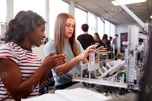 Preview: Two Female College Students Building Machine In Science Robotics Or Engineering Class