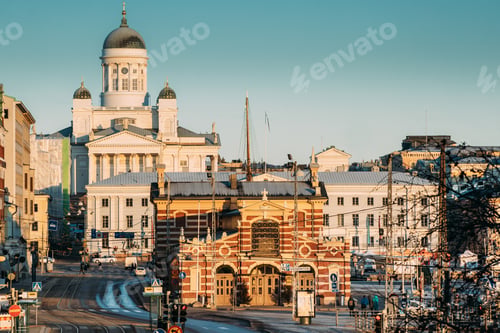 Preview: Finland, Helsinki. View Of Helsinki Cathedral And Old Market Hal