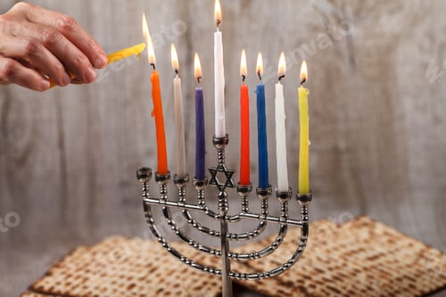 Preview: Menorah with candles for Hanukkah on a light wooden background