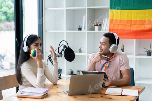Preview: Podcaster is interviewing a guest about the content topic of LGBTQIA. Podcast concept
