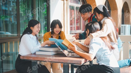 Preview: group of students young university students consulting doing homework