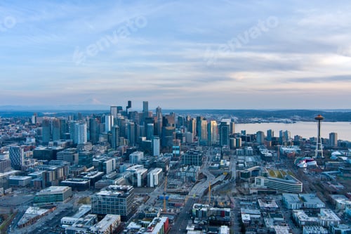 Preview: Aerial view of the Seattle skyline and Mount Rainier